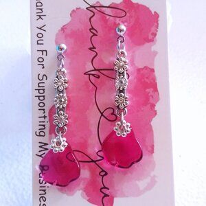 Romantic Spring Petal Floral Girlie Dangle Earrings - Rose Pink Crystals Silver